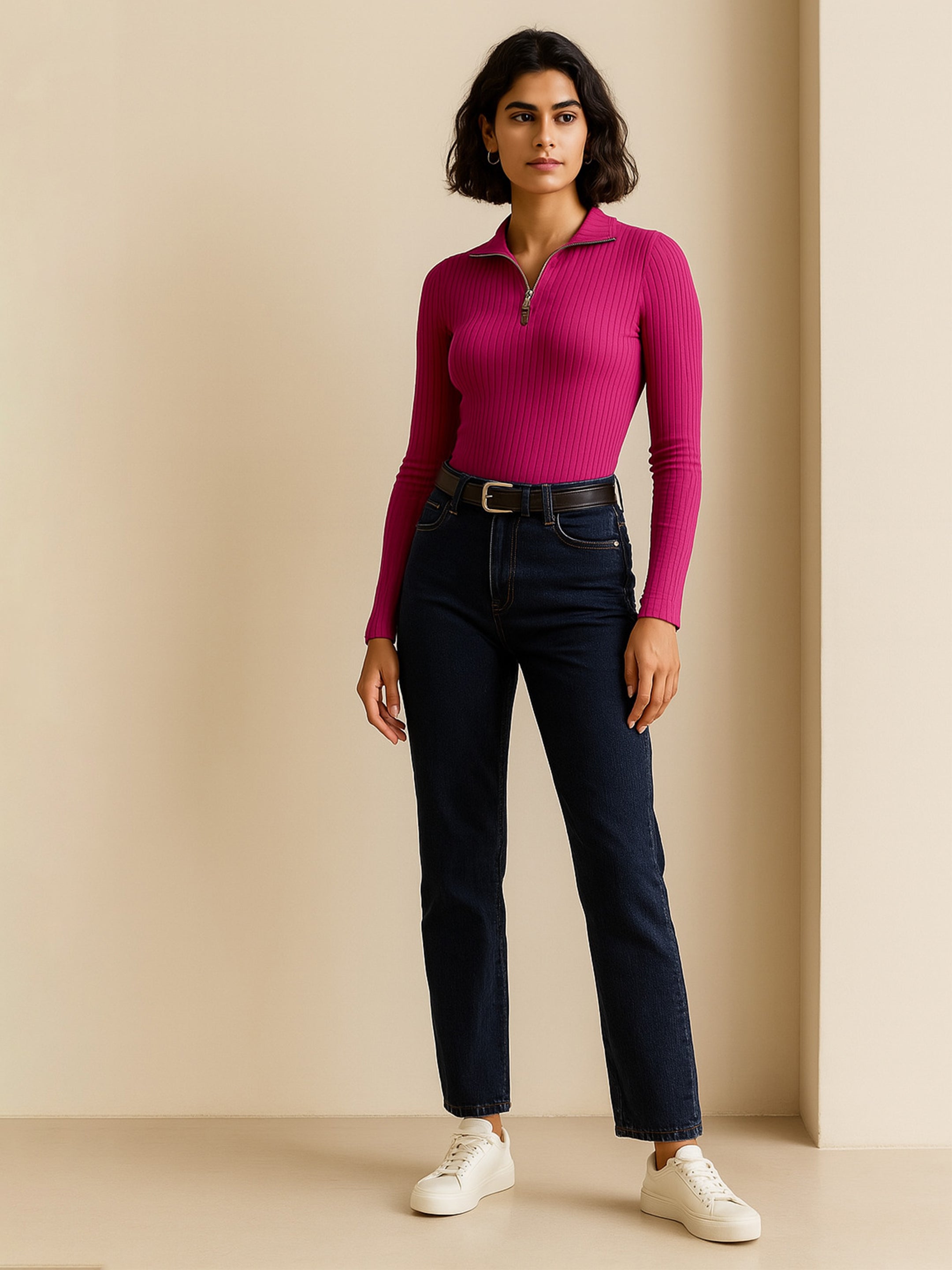 Women Fuchsia Rib Half Zipper Full Sleeves Top-BATOPS42130