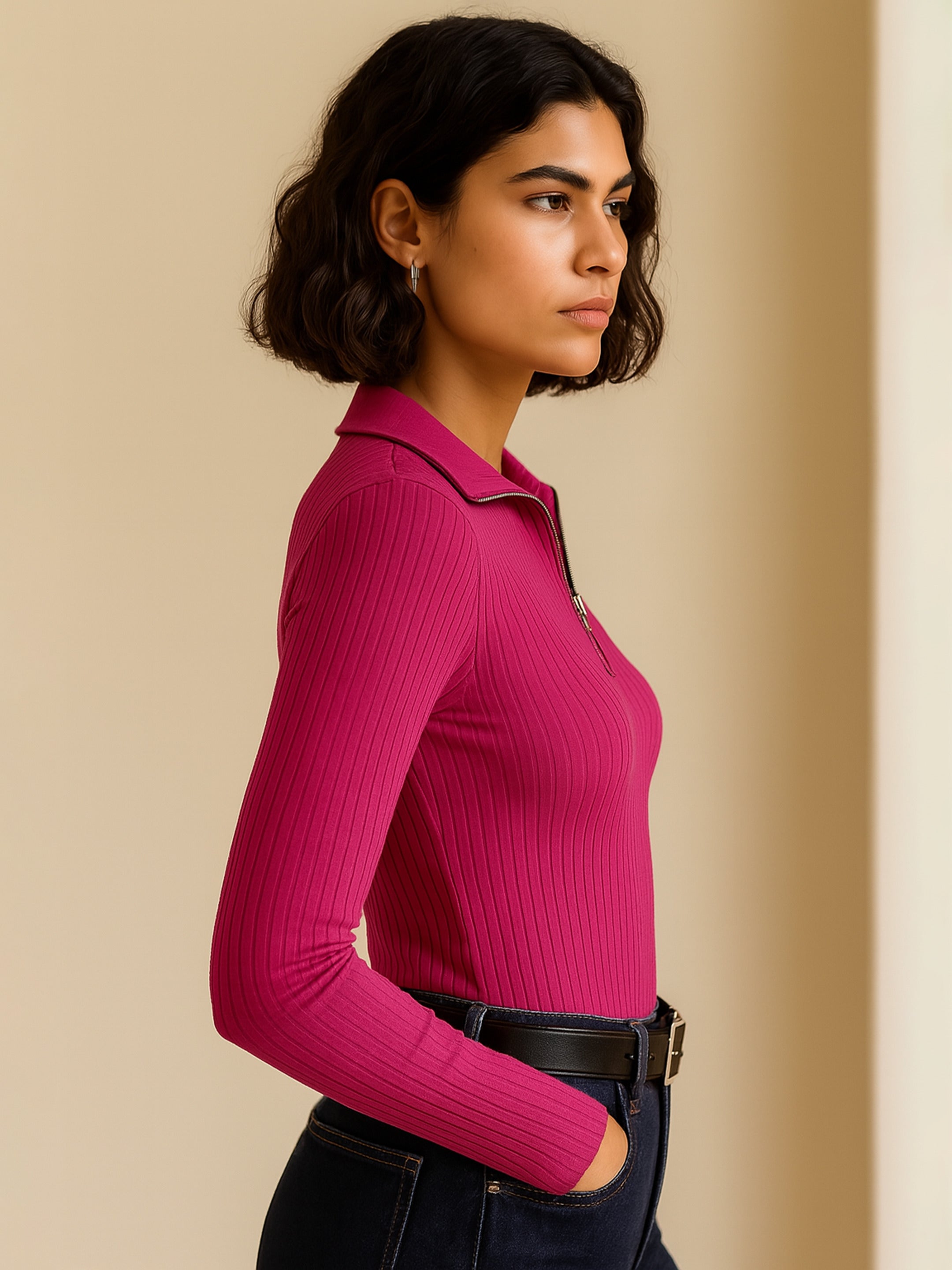 Women Fuchsia Rib Half Zipper Full Sleeves Top-BATOPS42130