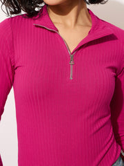 Women Fuchsia Rib Half Zipper Full Sleeves Top-BATOPS42130