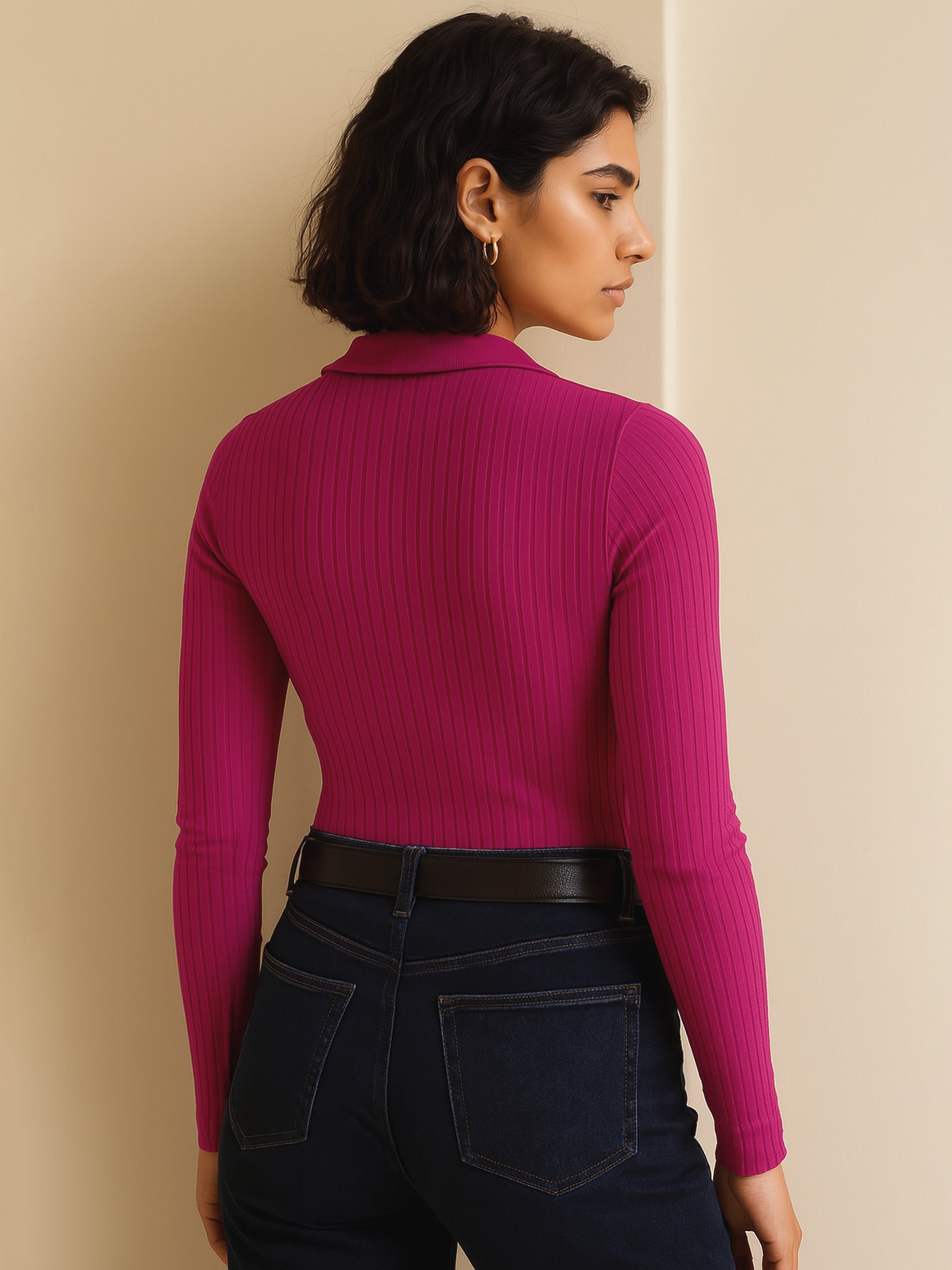Women Fuchsia Rib Half Zipper Full Sleeves Top-BATOPS42130