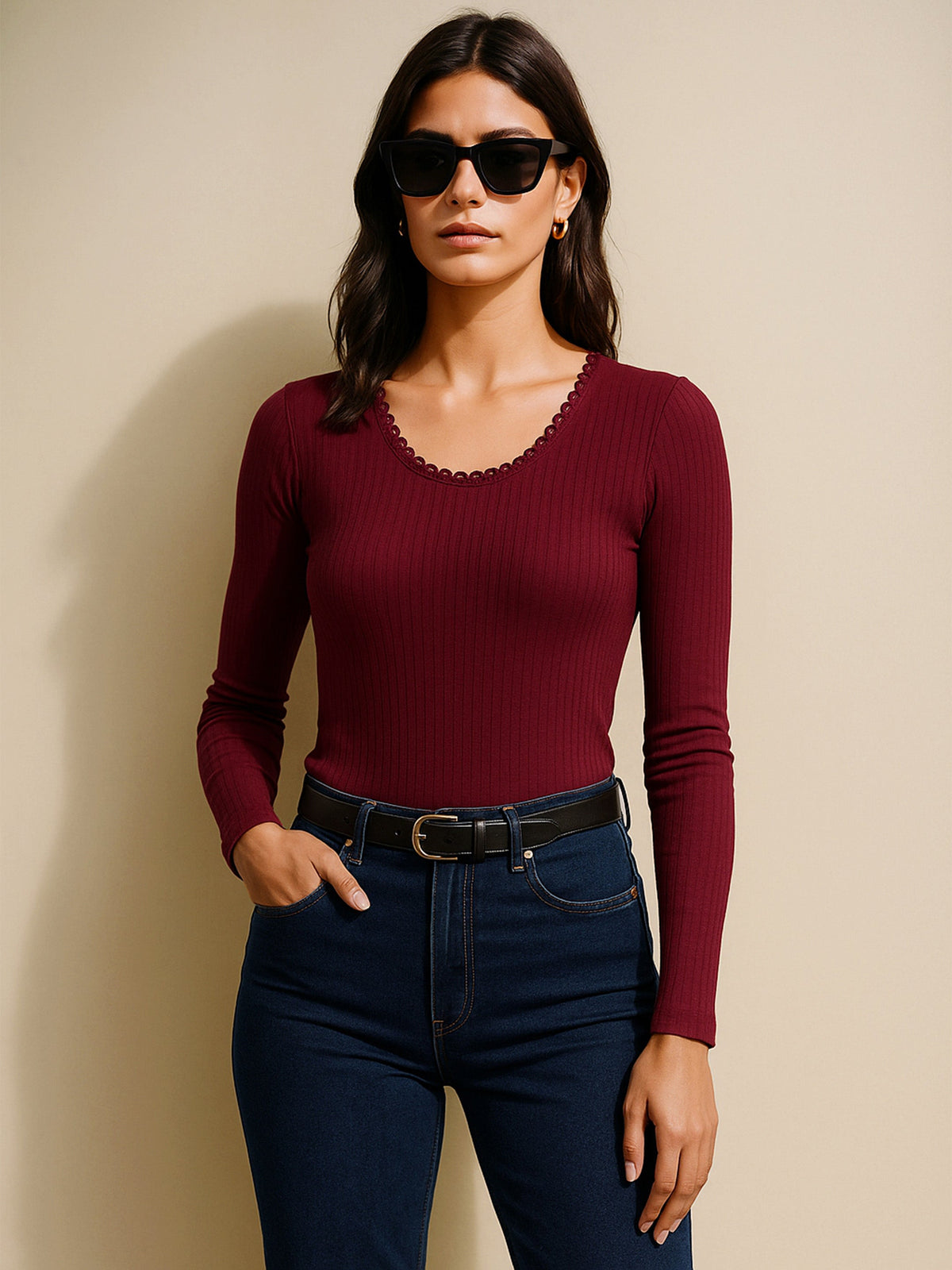 Women Maroon Rib Round Neck Full Sleeves Lace Top-BATOPS42132