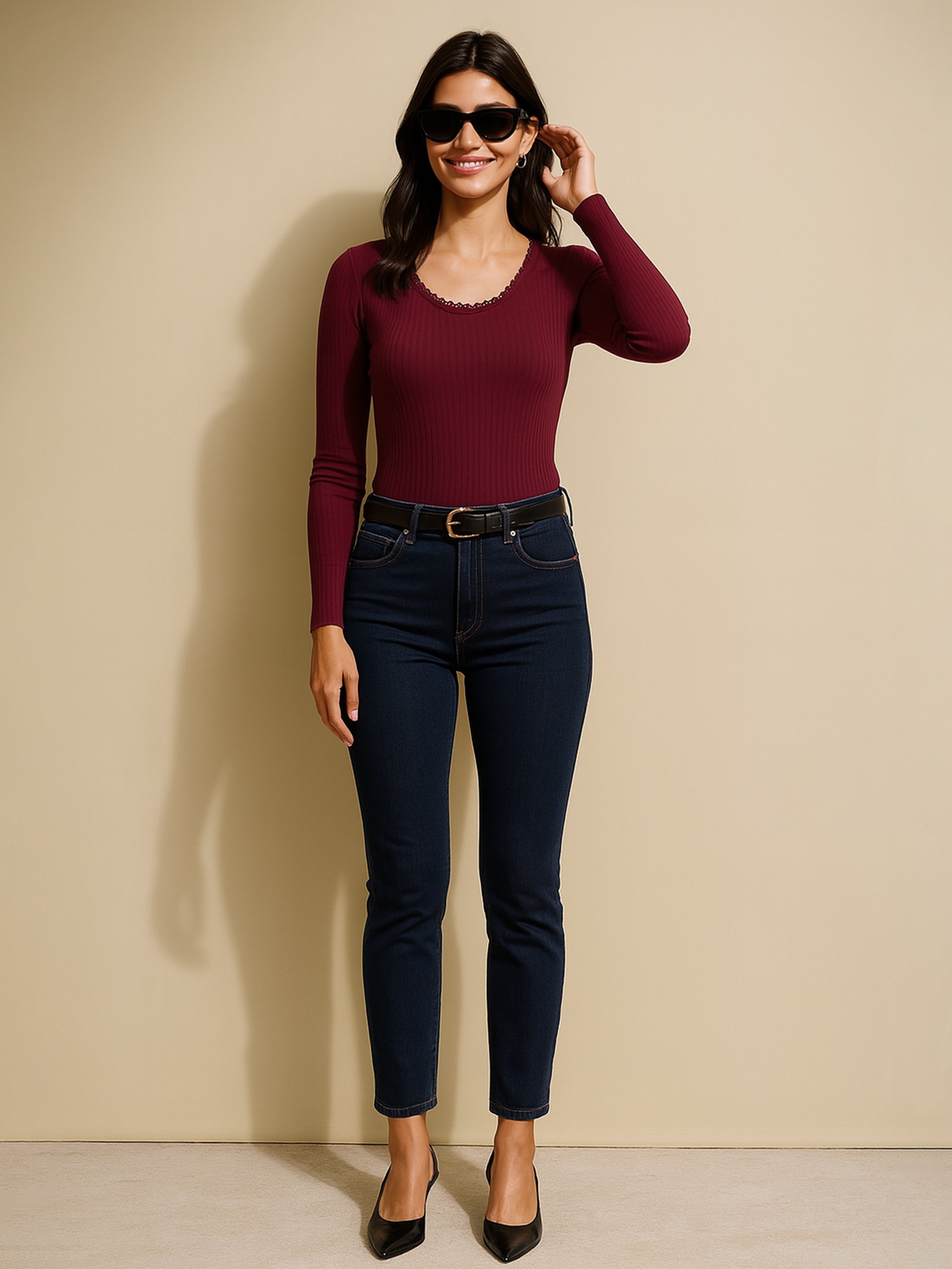 Women Maroon Rib Round Neck Full Sleeves Lace Top-BATOPS42132