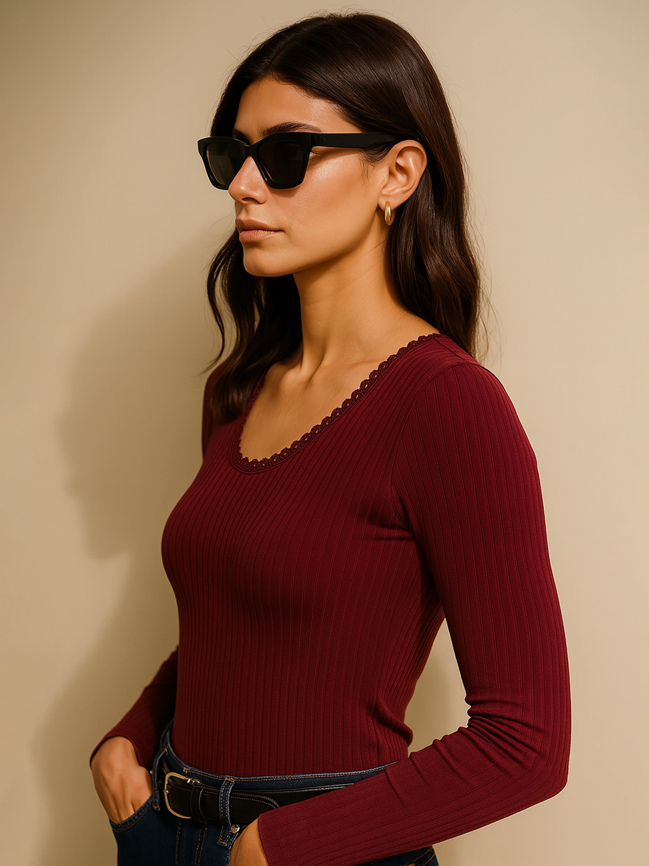 Women Maroon Rib Round Neck Full Sleeves Lace Top-BATOPS42132