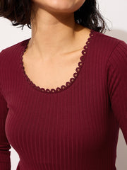 Women Maroon Rib Round Neck Full Sleeves Lace Top-BATOPS42132