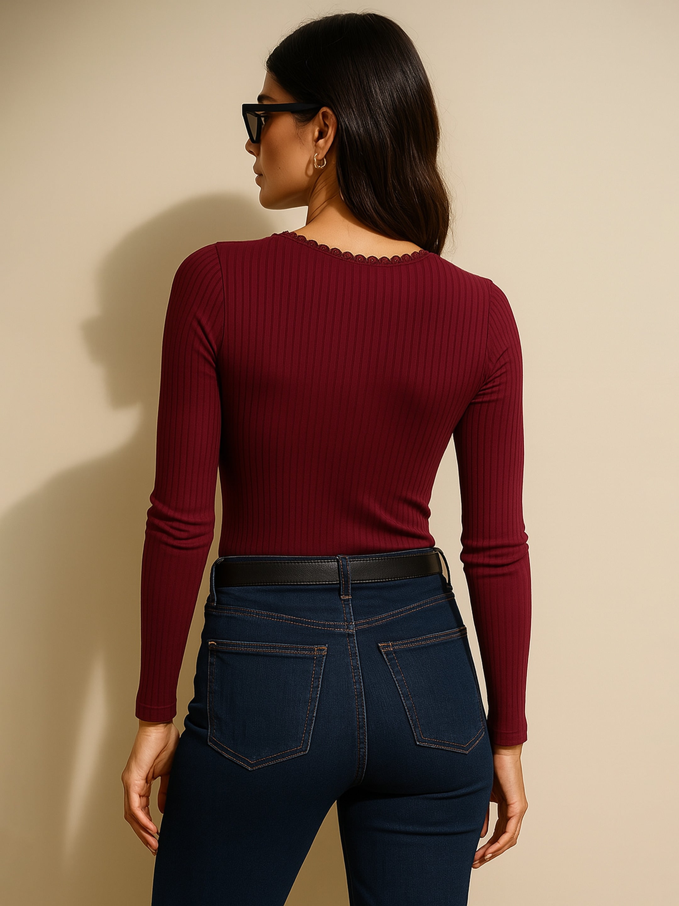 Women Maroon Rib Round Neck Full Sleeves Lace Top-BATOPS42132