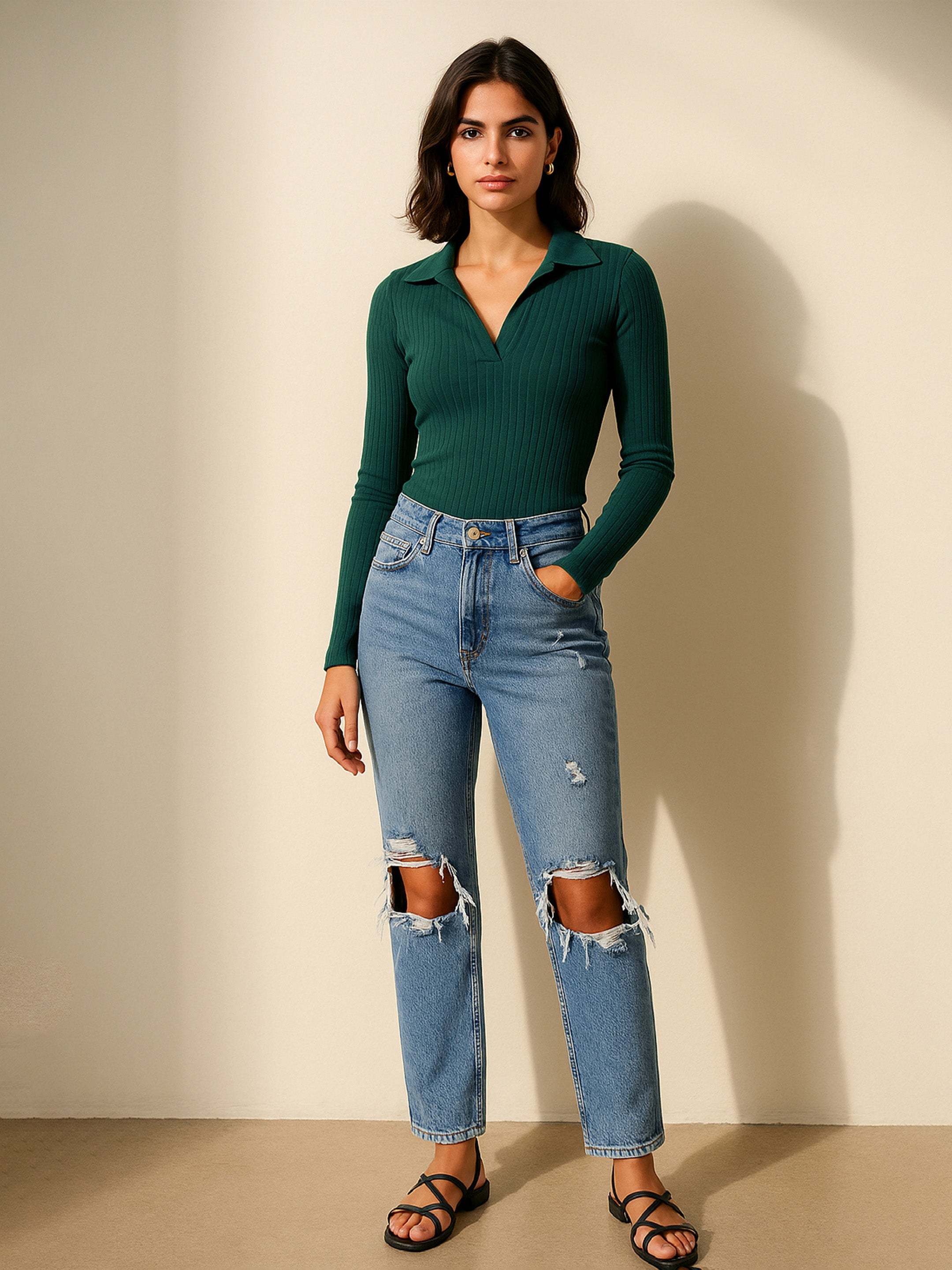 Women Emerald Rib Polo Style V-Neck Neck Top-BATOPS42133