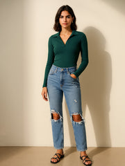 Women Emerald Rib Polo Style V-Neck Neck Top-BATOPS42133