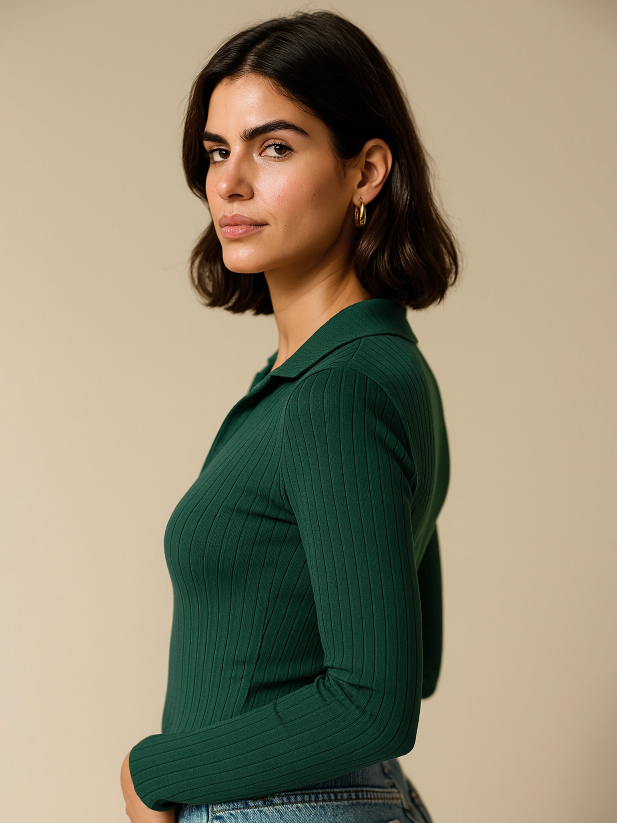 Women Emerald Rib Polo Style V-Neck Neck Top-BATOPS42133