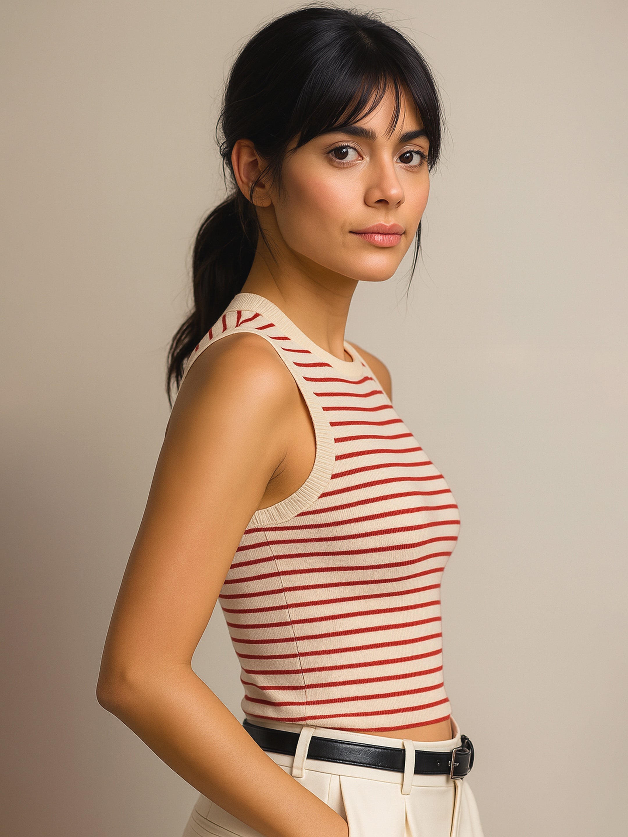 Women Red & Beige Stripes Sleeveless Crop Baby Tee-BATOPS42189