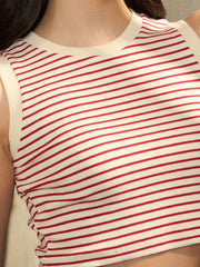 Women Red & Beige Stripes Sleeveless Crop Baby Tee-BATOPS42189