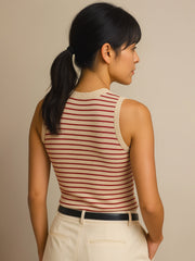 Women Red & Beige Stripes Sleeveless Crop Baby Tee-BATOPS42189