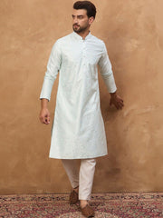 Ethnic Bay Men Blue Silk Blend Solid Embroidered Straight Kurta With Pant Set-MKSET1446