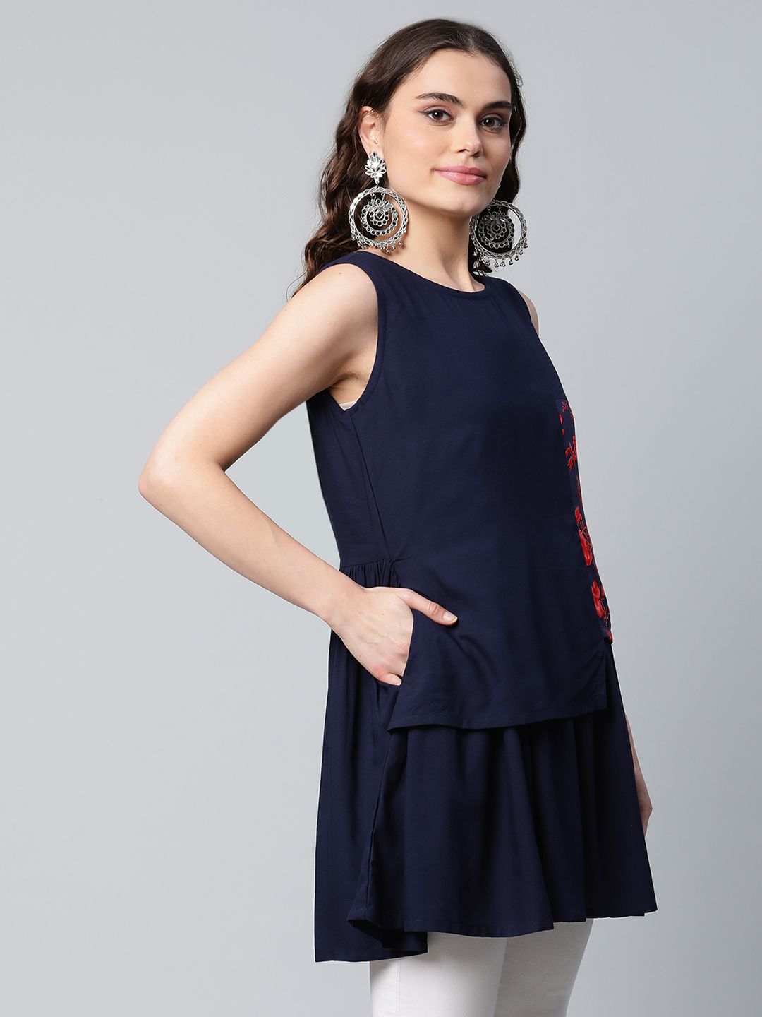 Navy Blue Printed Tunic Top - Women's Indian Kurta Online