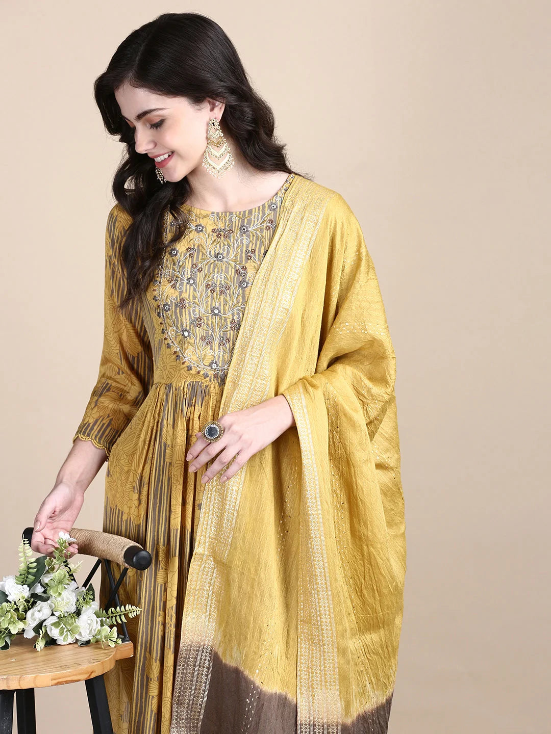 Mustard Floral Women's Kurta Set with Dupatta | Designer Kurta