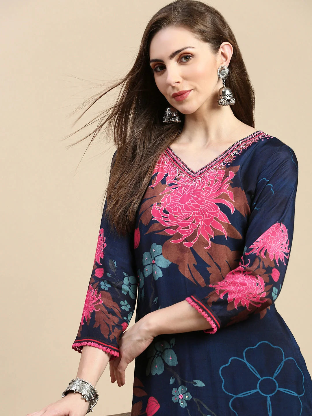 Women Floral Navy Blue A-Line Kurta Set-BCK-1967-Navyblue