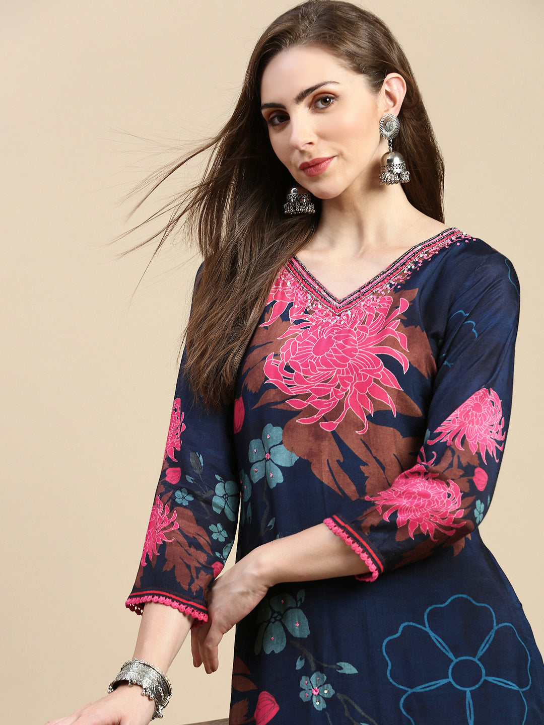 Navy Blue Floral A-Line Kurta Set | Women's Indian Kurta Sets