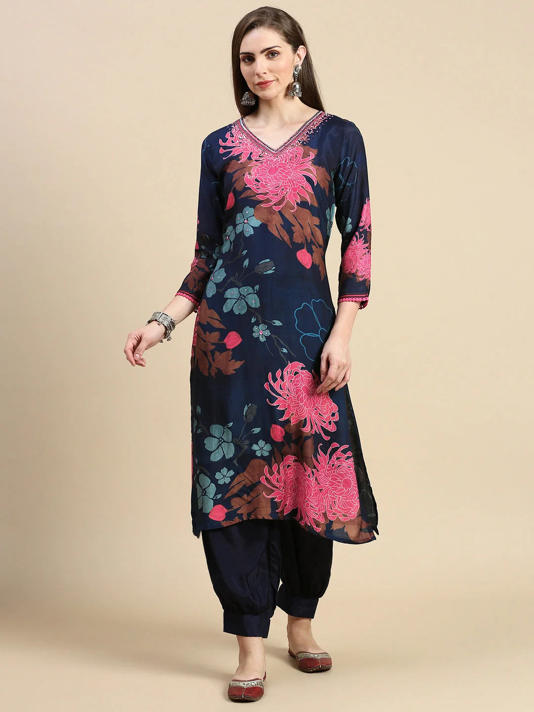 Navy Blue Floral A-Line Kurta Set | Women's Indian Kurta Sets