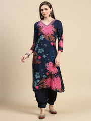 Women Floral Navy Blue A-Line Kurta Set-BCK-1967-Navyblue