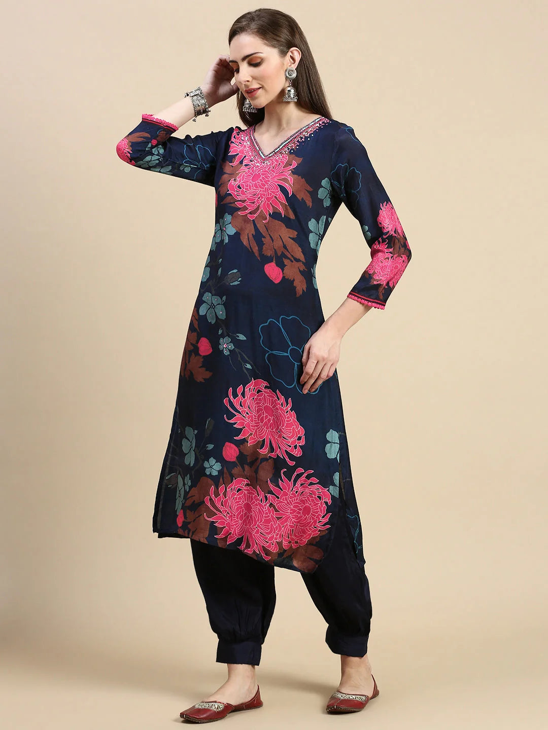 Navy Blue Floral A-Line Kurta Set | Women's Indian Kurta Sets