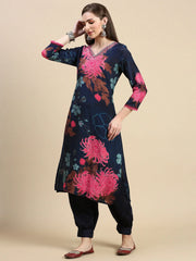 Women Floral Navy Blue A-Line Kurta Set-BCK-1967-Navyblue
