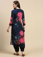 Women Floral Navy Blue A-Line Kurta Set-BCK-1967-Navyblue