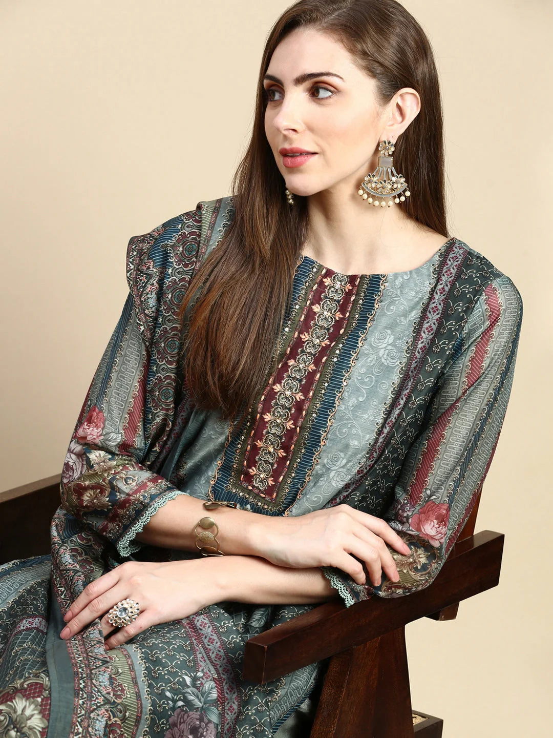 Floral Olive Women's Kurta Set with Dupatta | Indian Kurta Sets