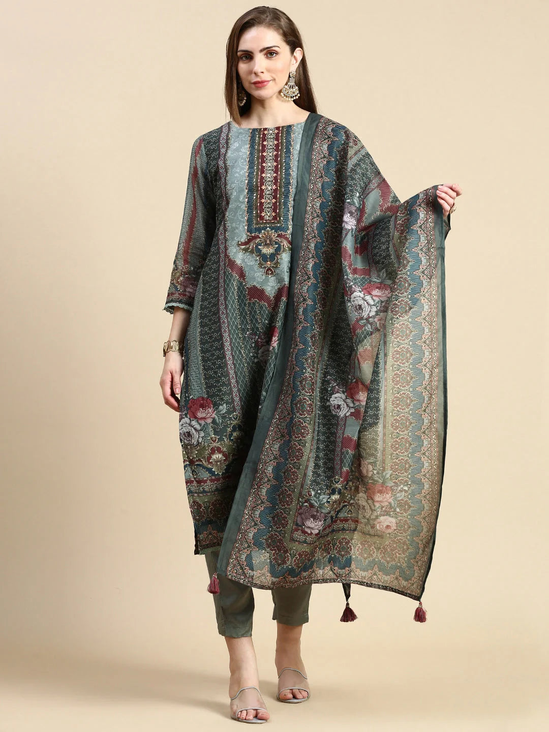 Floral Olive Women's Kurta Set with Dupatta | Indian Kurta Sets