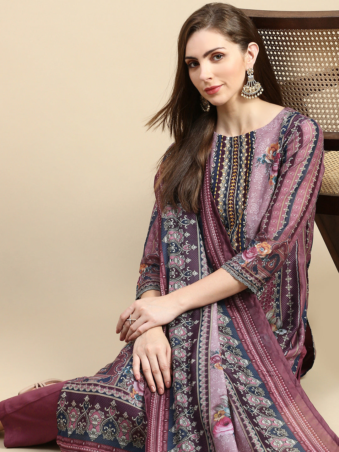 Women Floral Brown Straight Kurta Set with Dupatta-BCK-1986-Brown