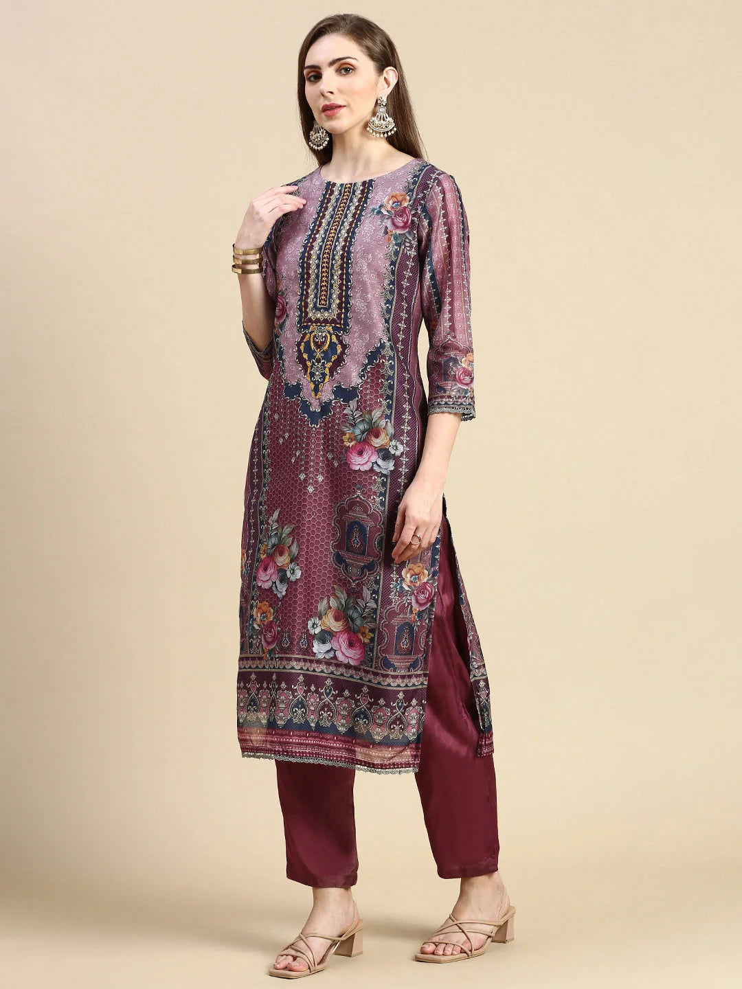 Brown Floral Cotton Kurta Set with Dupatta | Women's Indian Kurta