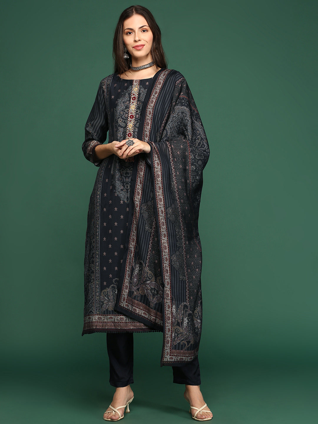 Graphic Charcoal Kurta Set with Dupatta | Women's Indian Kurta