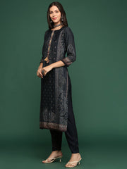 Women Graphic Charcoal Straight Kurta Set with Dupatta-BCK-1991-Charcoal