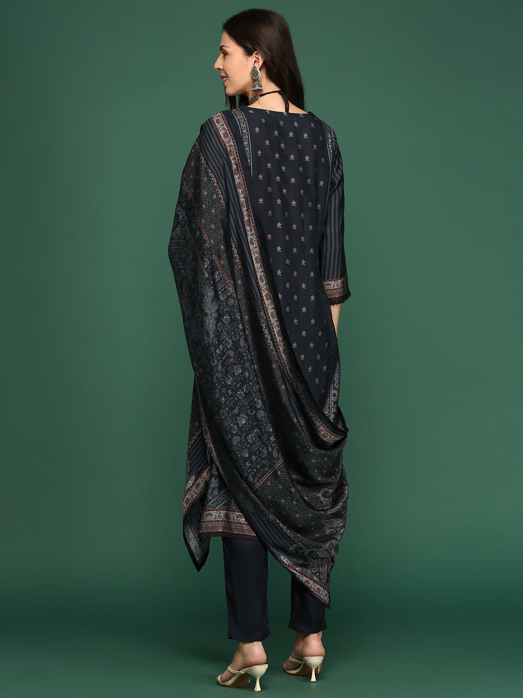 Graphic Charcoal Kurta Set with Dupatta | Women's Indian Kurta