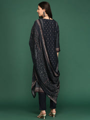 Women Graphic Charcoal Straight Kurta Set with Dupatta-BCK-1991-Charcoal