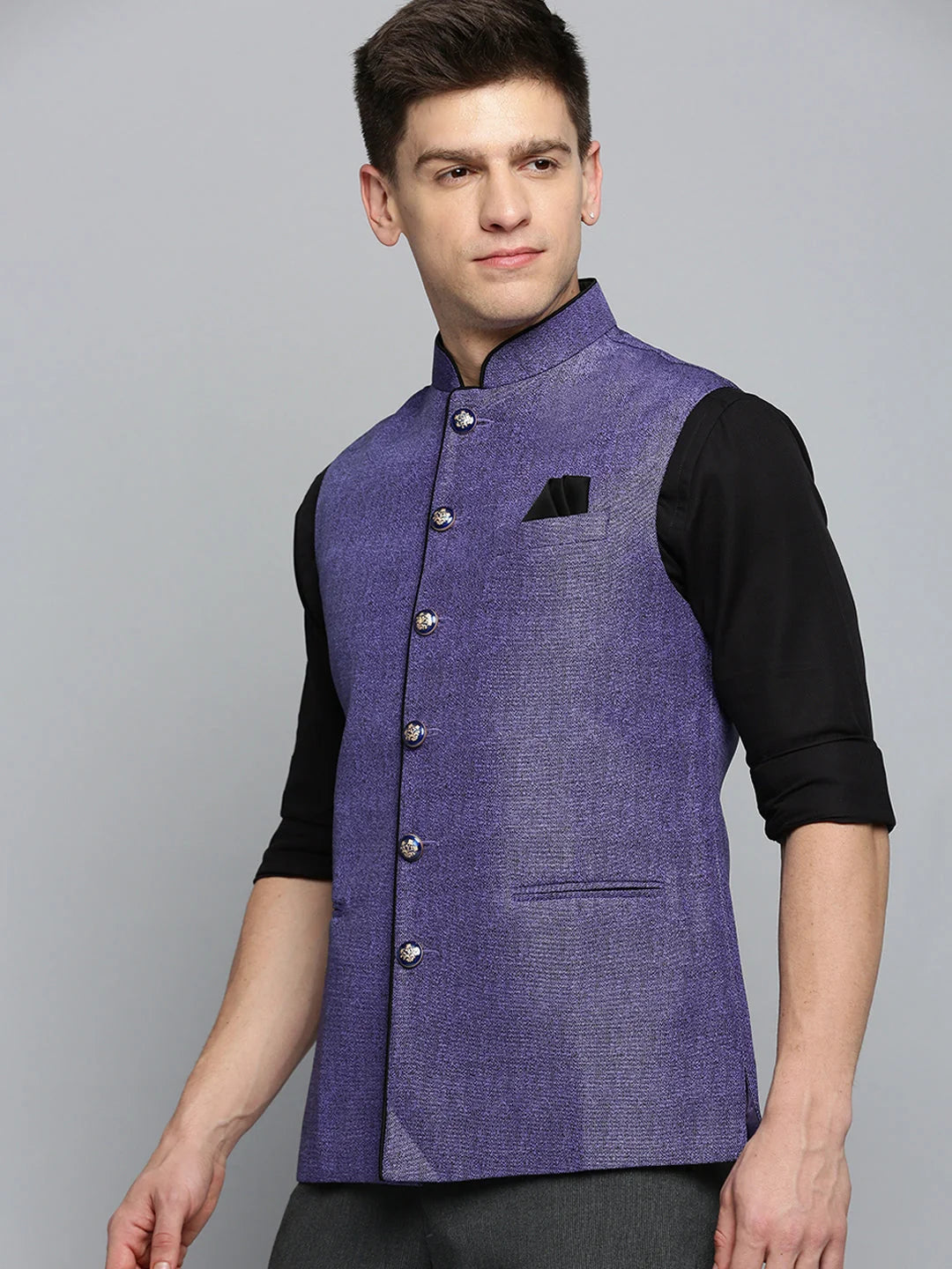 Blue Nehru Jacket for Men - Solid Cotton Kurta Pajama Style