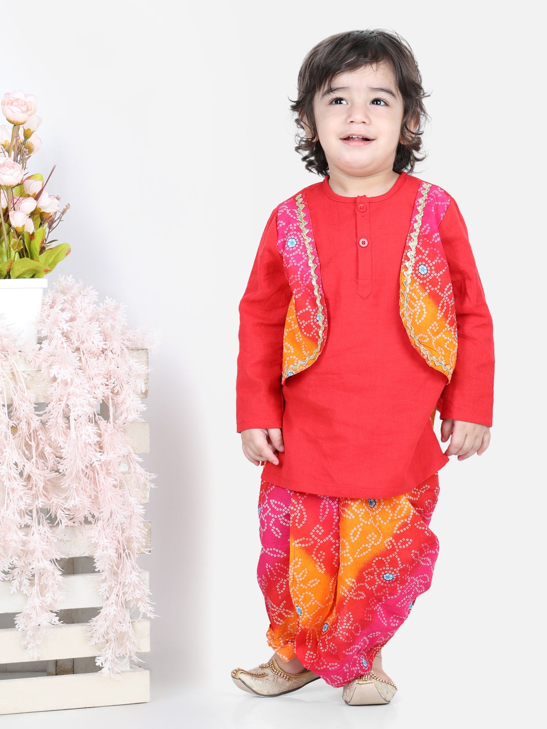 Cotton Flax Dhoti Kurta Set for Boys - Red | BD22DK43RDC | DesiQlo