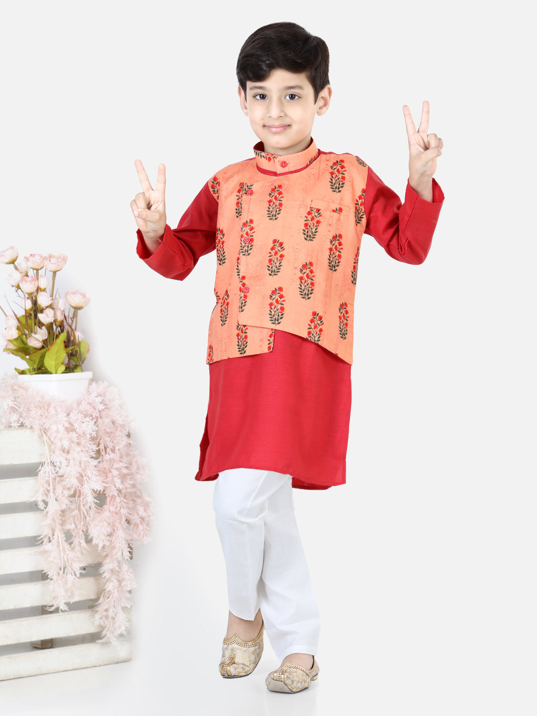 Cotton Kurta Pajama Set for Kids - Peach | BD22KP34PHB