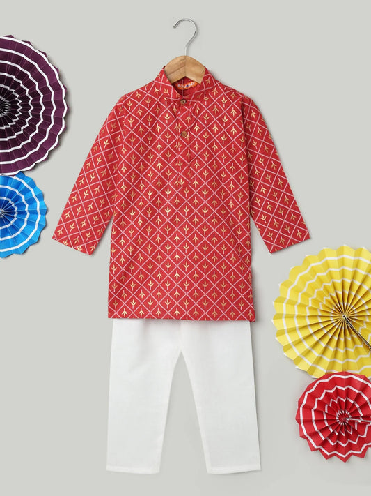 Foil Print Full Sleeve Cotton Kurta Pajama For Boys - Maroon-BD22KP35MRB 1080