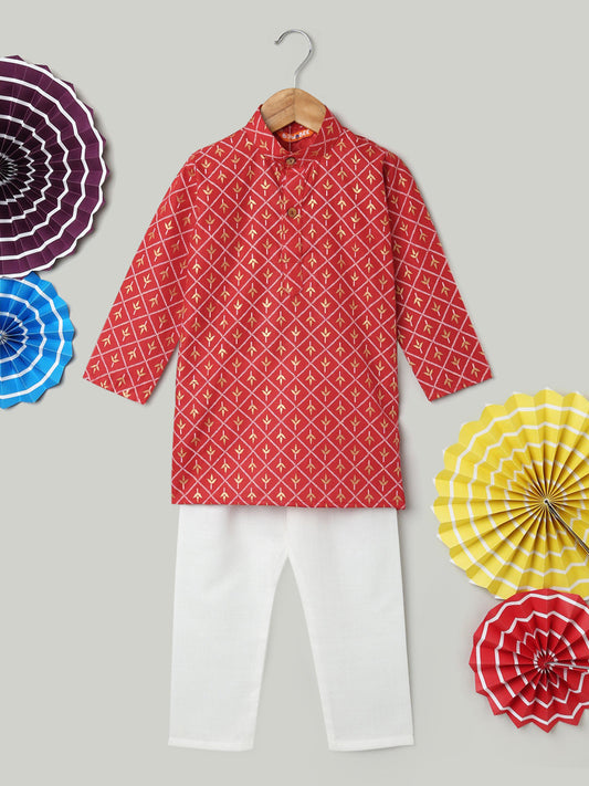 Foil Print Full Sleeve Cotton Kurta Pajama For Boys - Maroon-BD22KP35MRB 1080