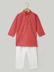 Foil Print Full Sleeve Cotton Kurta Pajama For Boys - Maroon-BD22KP35MRB
