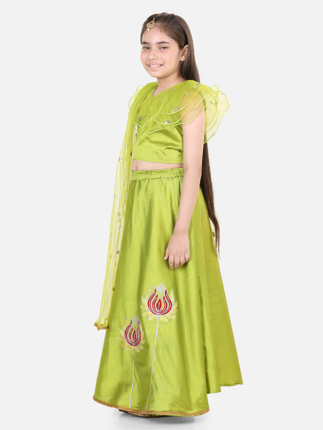 Silk Blend Lehenga Choli Set for Kids - Green | BD22LC47GRB | DesiQlo