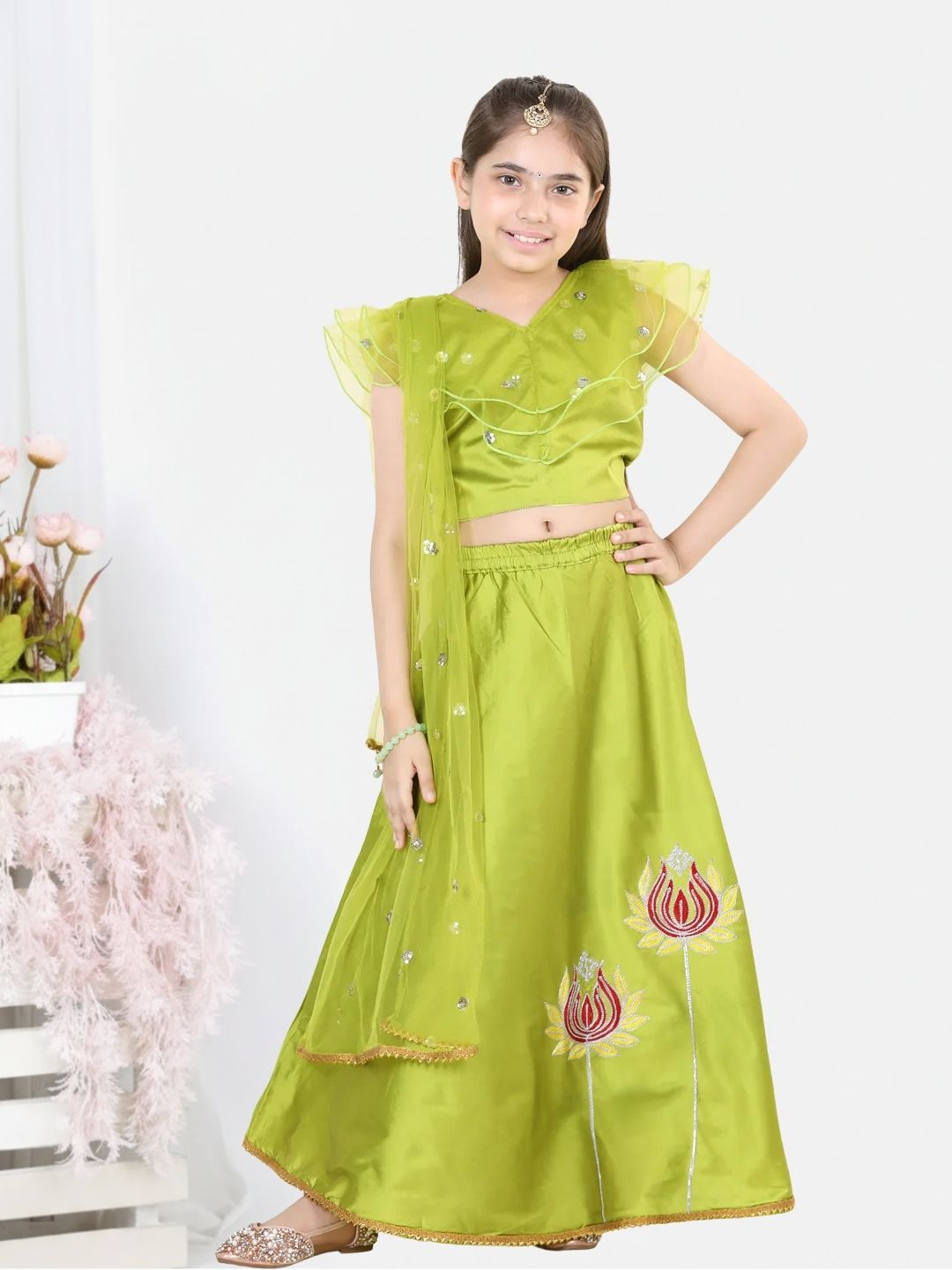 Silk Blend Lehenga Choli Set for Kids - Green | BD22LC47GRB | DesiQlo
