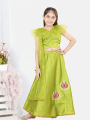 Silk Blend Lehenga Choli Set for Kids - Green | BD22LC47GRB