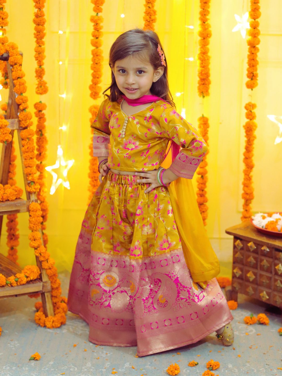 Jacquard Lehenga Choli Set for Girls - Yellow | BD23LC60YWA