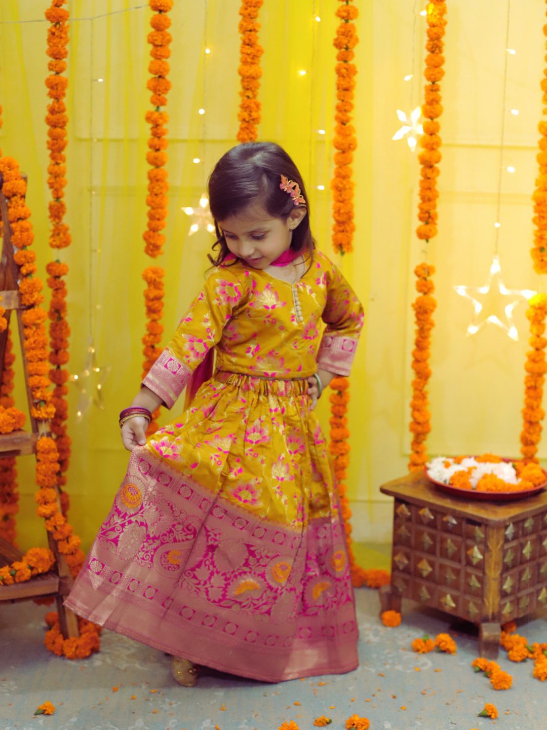 Jacquard Lehenga Choli Set for Girls - Yellow | BD23LC60YWA | DesiQlo