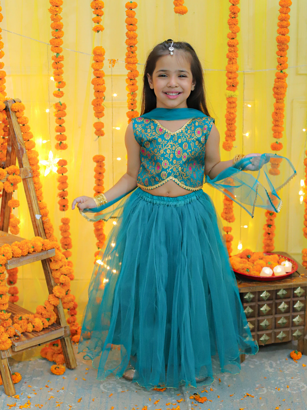 Jacquard Lehenga Choli Set for Girls - Green | BD23LC67GRA