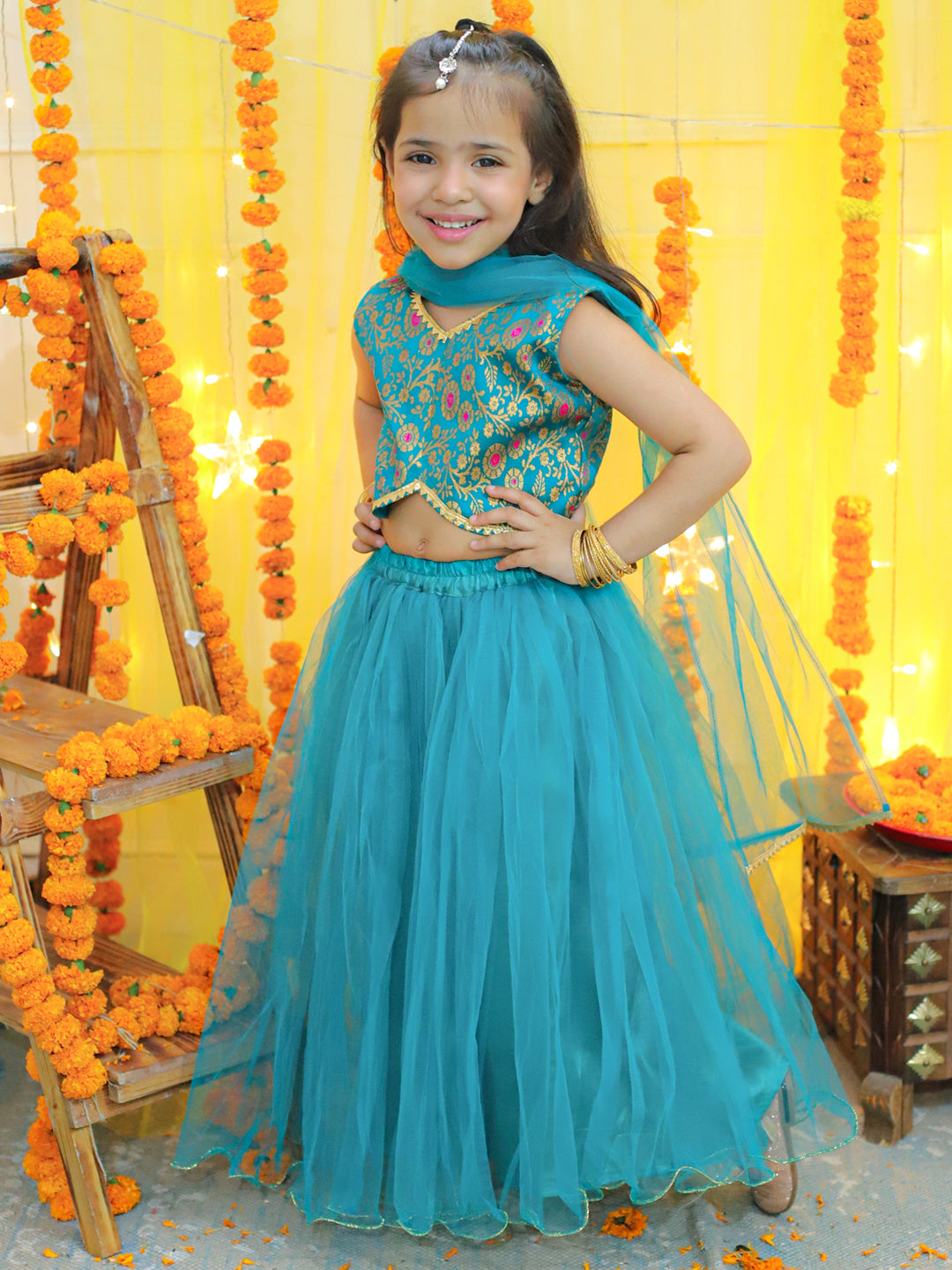 Jacquard Lehenga Choli Set for Girls - Green | BD23LC67GRA | DesiQlo