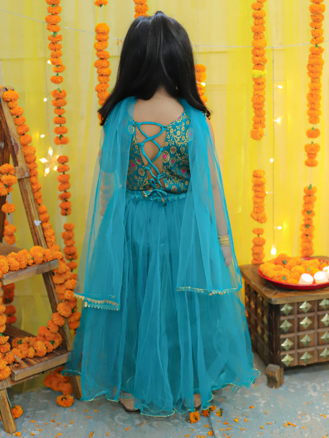 Jacquard Lehenga Choli Set for Girls - Green | BD23LC67GRA | DesiQlo