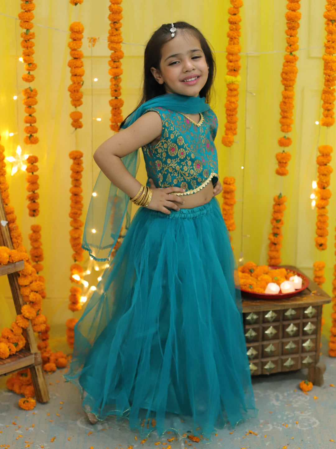 Jacquard Lehenga Choli Set for Girls - Green | BD23LC67GRA | DesiQlo