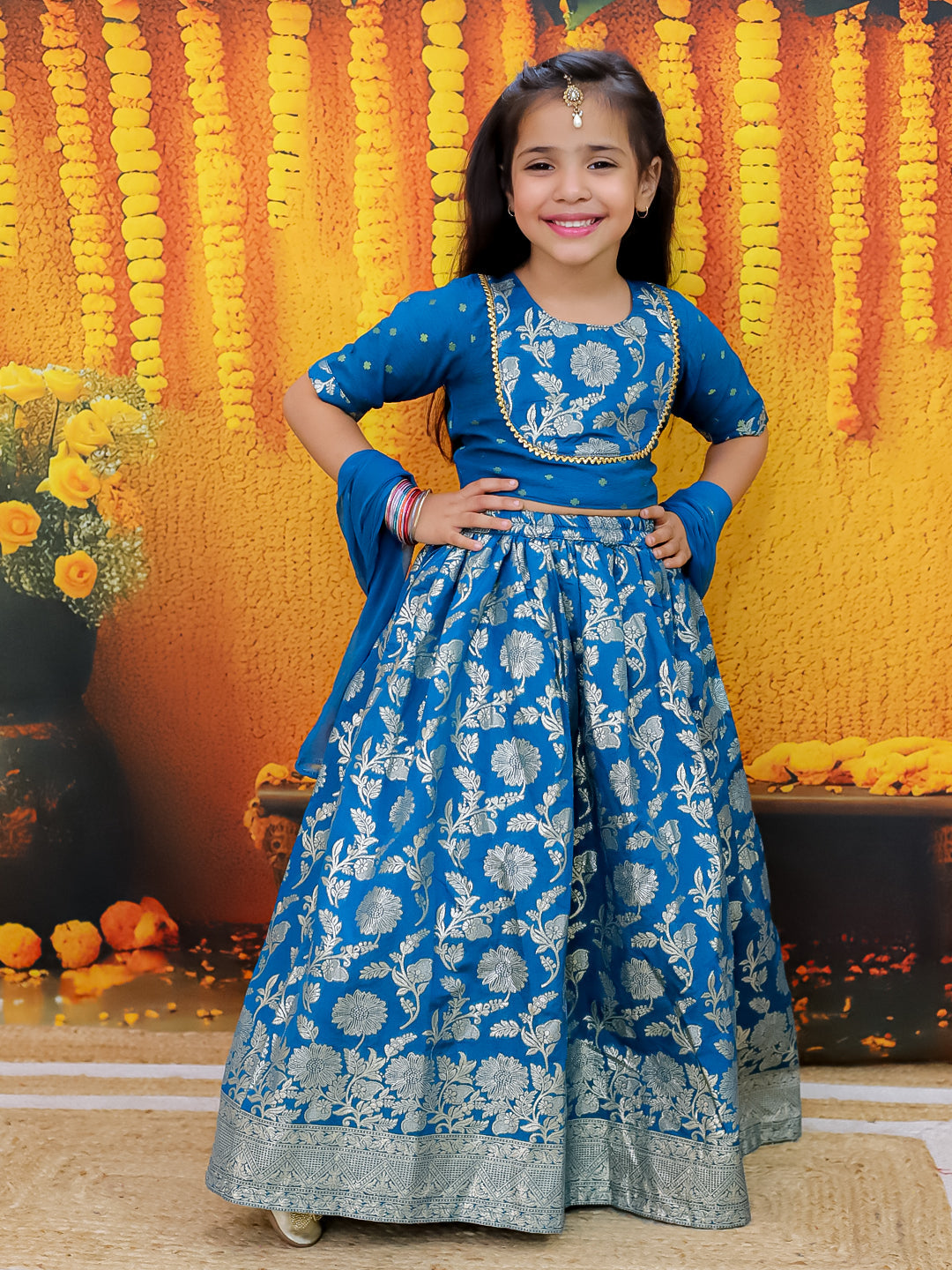 Chanderi Lehenga Choli Set for Girls - Sky Blue | BD24LC83BLB | DesiQlo