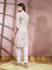 Women's Woven Striped Cotton Blend Straight Kurta-BEIGEBOSS
